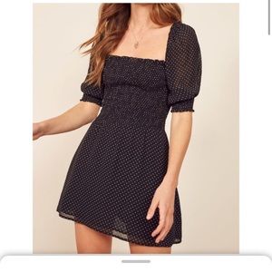 Reformation Elle Smocked Minidress Polka Dots
